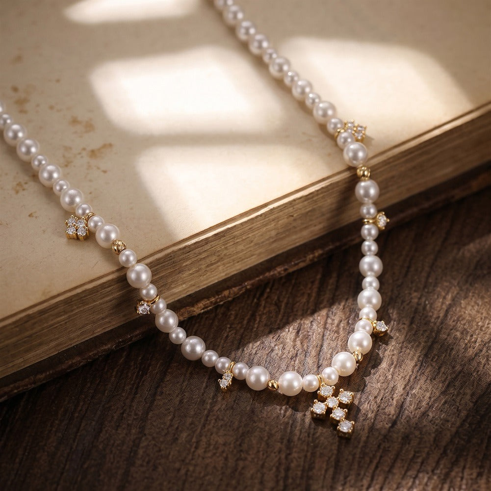 Kemstone Shell Pearl Cross Charm Necklace for Women 925 Sterling Silver PSN16