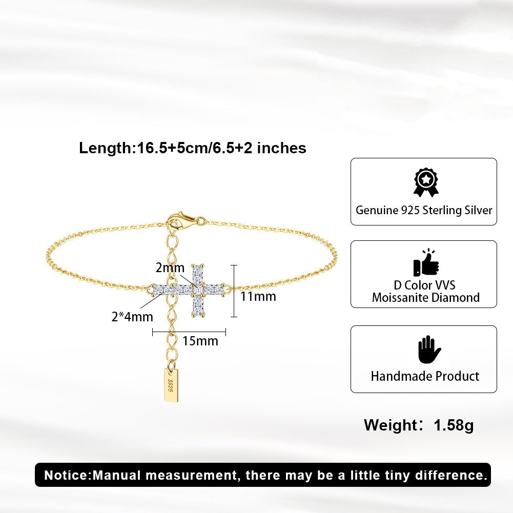 Kemston Moissanite Cross Bracelet for Women 925 Sterling Silver Gold Tone MOB03