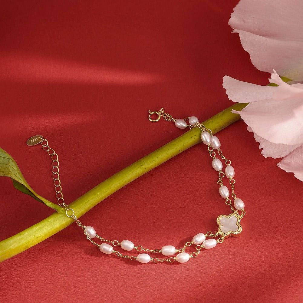 Kemston Double Layer Freshwater Pearl Bracelet for Women 925 Sterling Silver Gold Plated GPB54