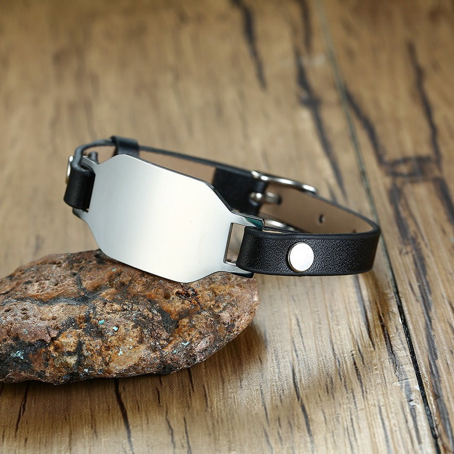 Kemstone Curved Stainless Steel Plate Leather Bracelet for Men BL-469