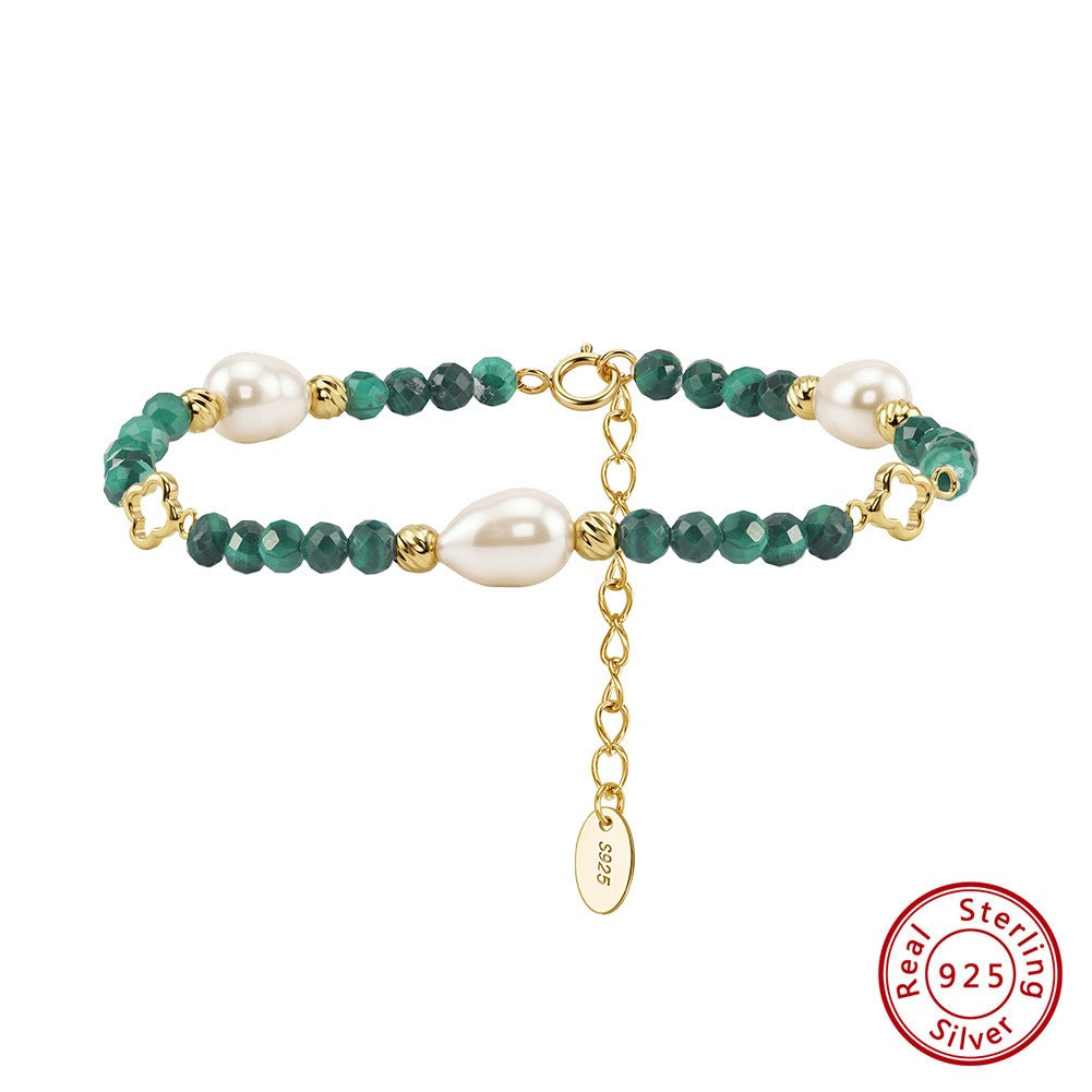 Kemston Malachite Freshwater Pearl Bracelet for Women 925 Sterling Silver Gold Plated MPB18