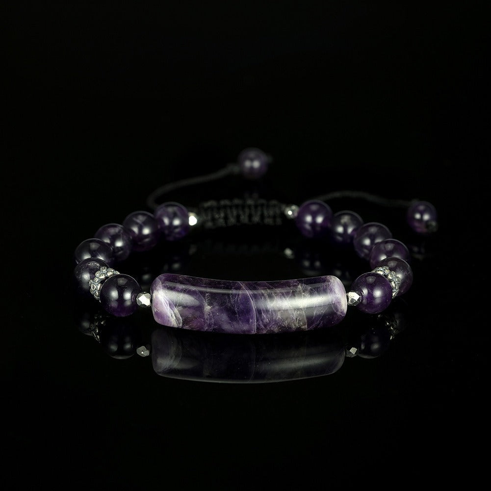 Kemston Amethyst Beaded Bracelet for Women Curved Stone Center Adjustable Cord GMB102