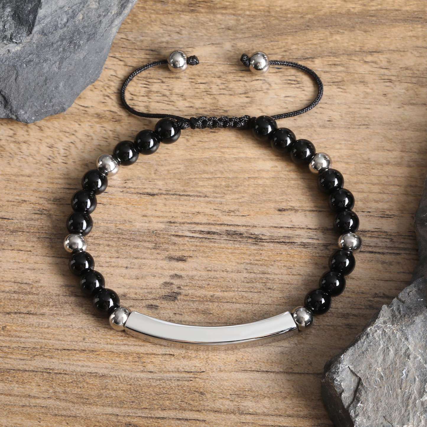 Kemstone Stainless Steel Bar Beaded Bracelet for Men – Tiger Eye & Black Onyx BR-2353