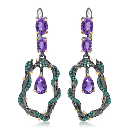 Pendientes colgantes de amatista natural de la serie Whispering Gems, diseño original artesanal de Kemstone, en plata de ley 925.