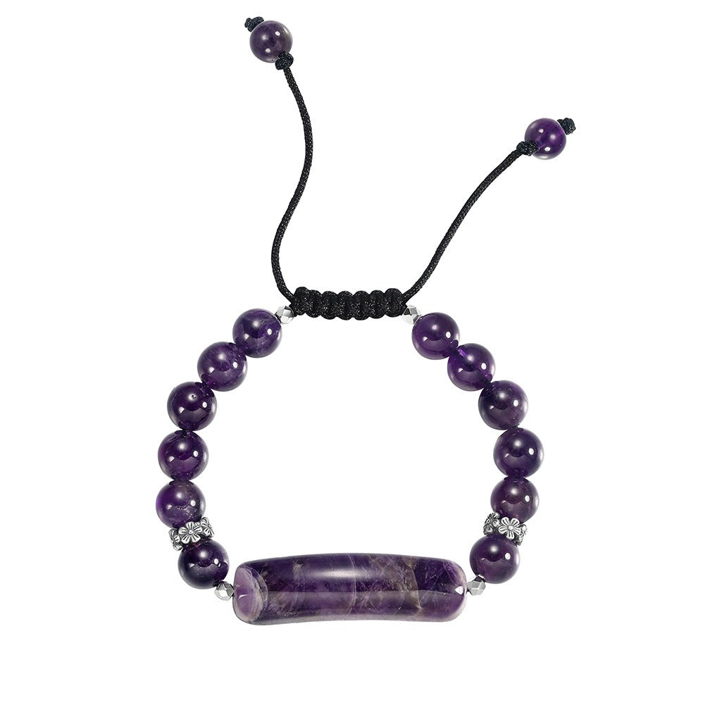 Kemston Amethyst Beaded Bracelet for Women Curved Stone Center Adjustable Cord GMB102