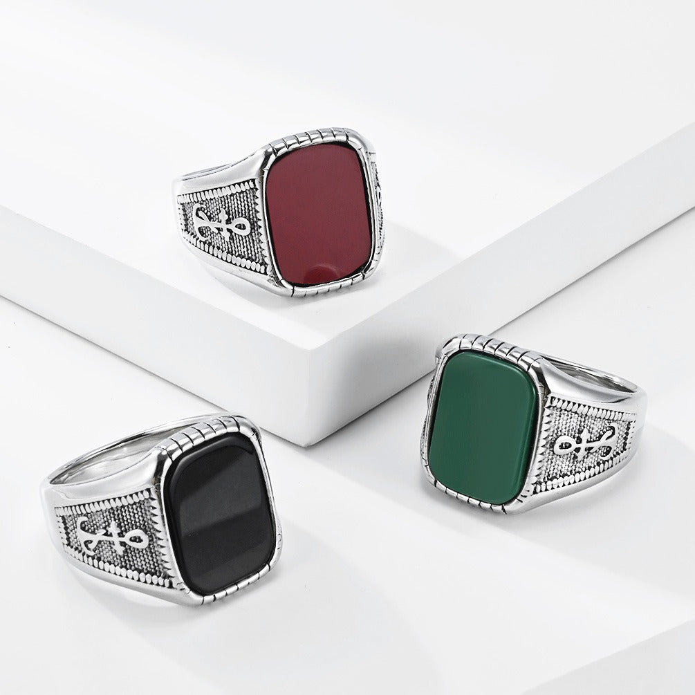 Kemstone Anchor Square Signet Ring for Men Stainless Steel Vintage Stone Detail K-R1212