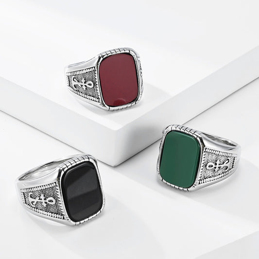 Kemstone Anchor Square Signet Ring for Men Stainless Steel Vintage Stone Detail K-R1212