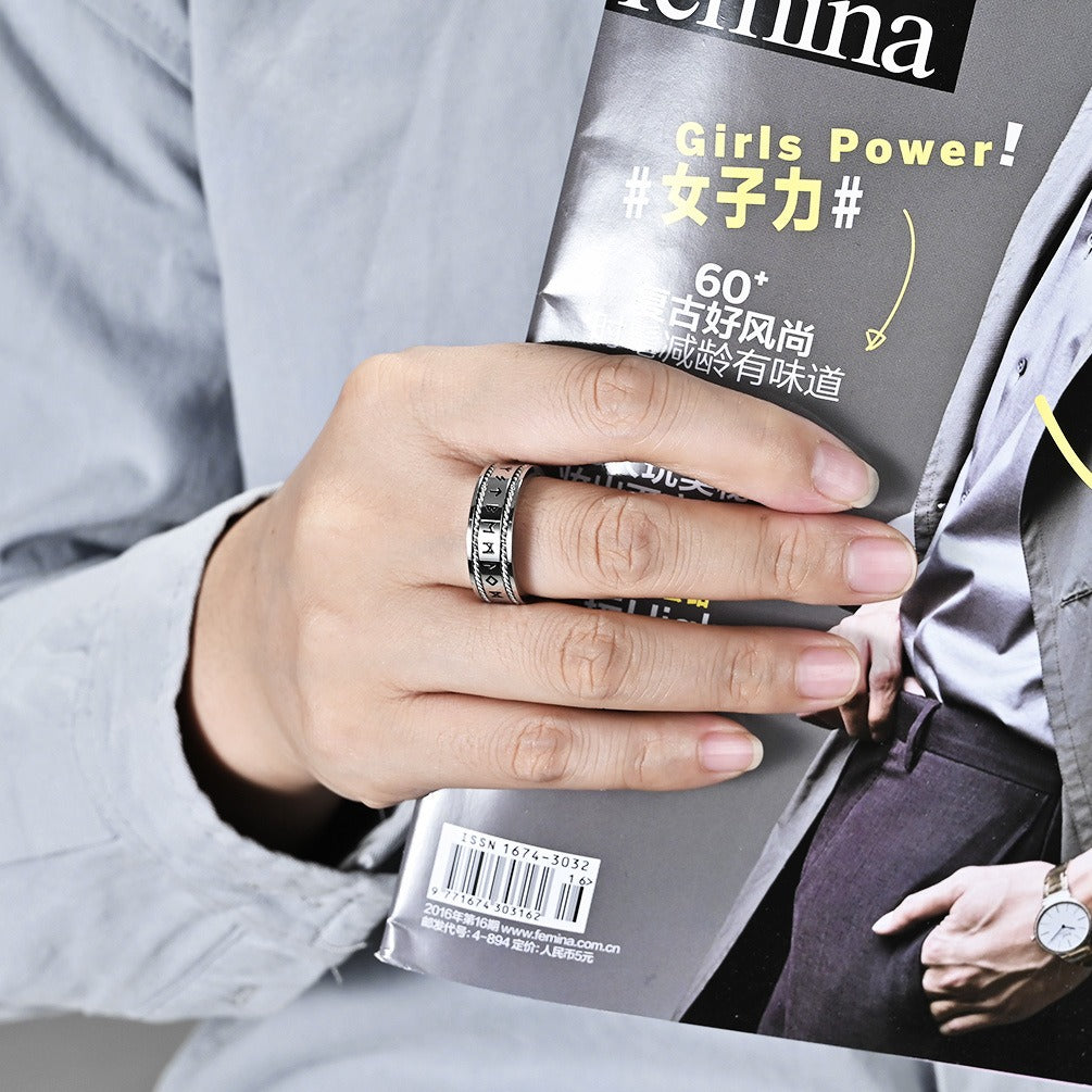 Kemstone Viking Rune Ring for Men Stainless Steel Double Rope Detail K-R804
