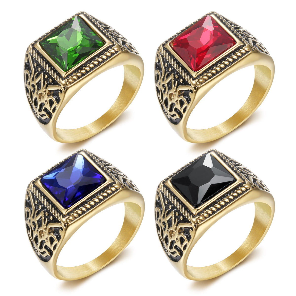 Kemstone Square Cubic Zirconia Ring for Men Stainless Steel Engraved Vintage TR0280