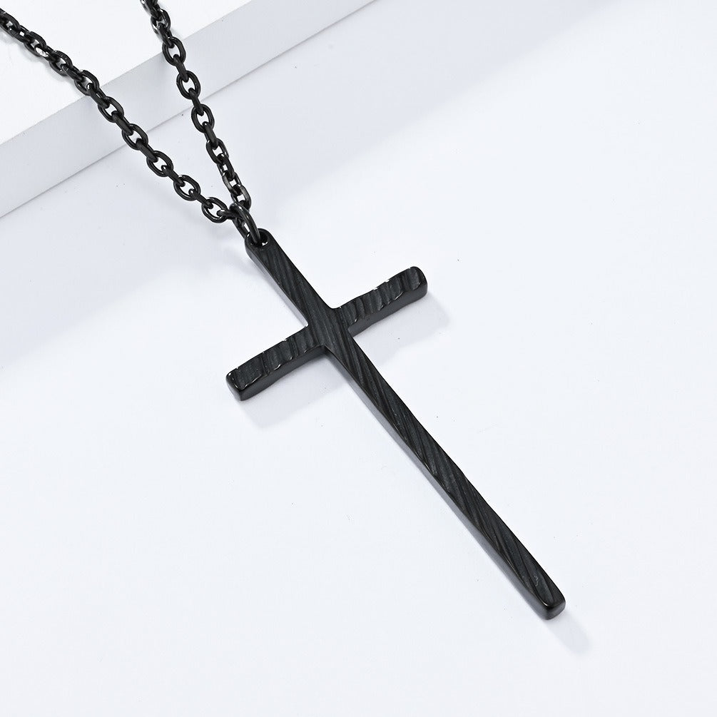 Kemstone Slim Textured Cross Pendant Necklace for Men Stainless Steel Vintage K-PT547