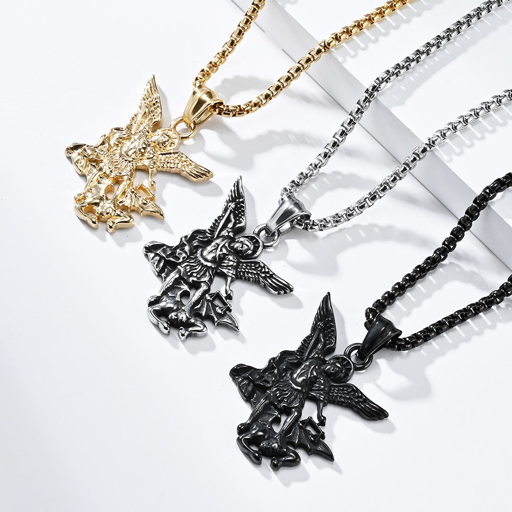 Kemstone Saint Michael Necklace – Titanium Steel Archangel Pendant for Men K-PT517