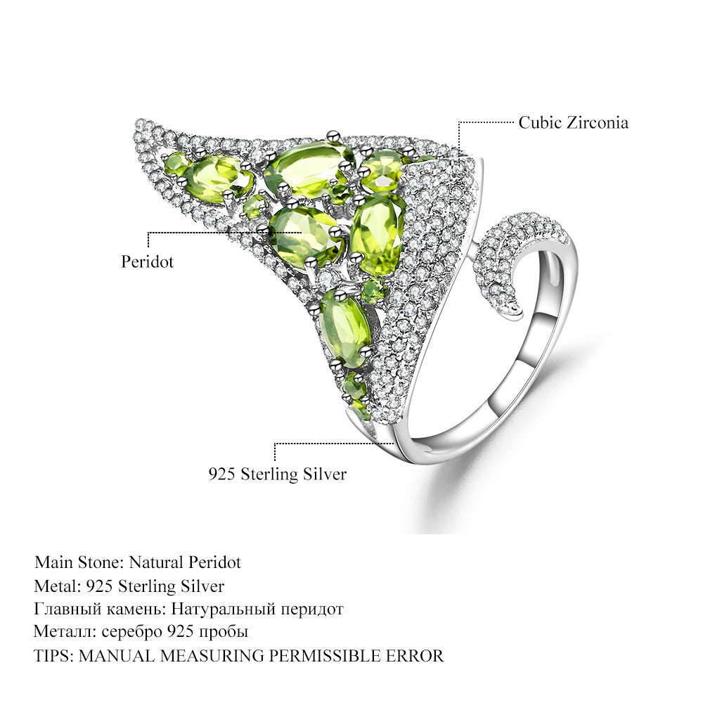 Anillo de diseño único y lujoso de peridoto verde en plata de ley 925, hecho a mano por Kemstone. Diseño original para mujer.