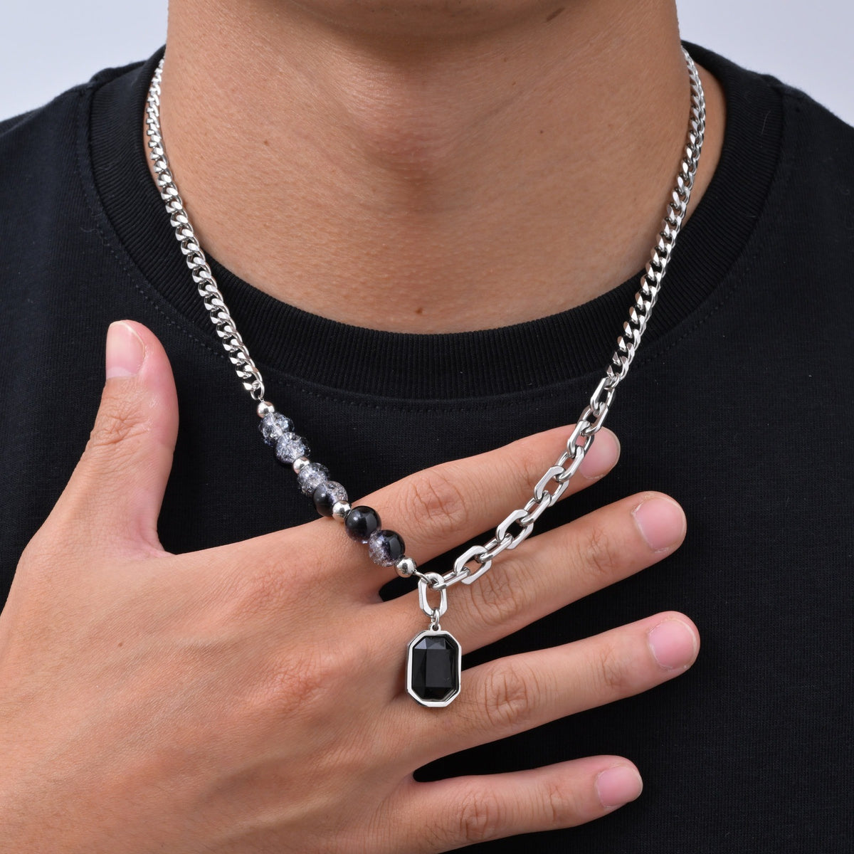 Kemstone Black Glass Necklace for Men Mixed-Link Beaded Chain NC-3269