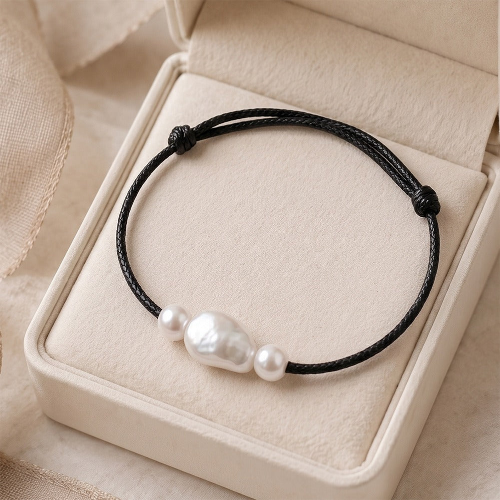 Kemston Three Pearl Baroque Freshwater Pearl Bracelet for Women Adjustable Black Cord GPB73