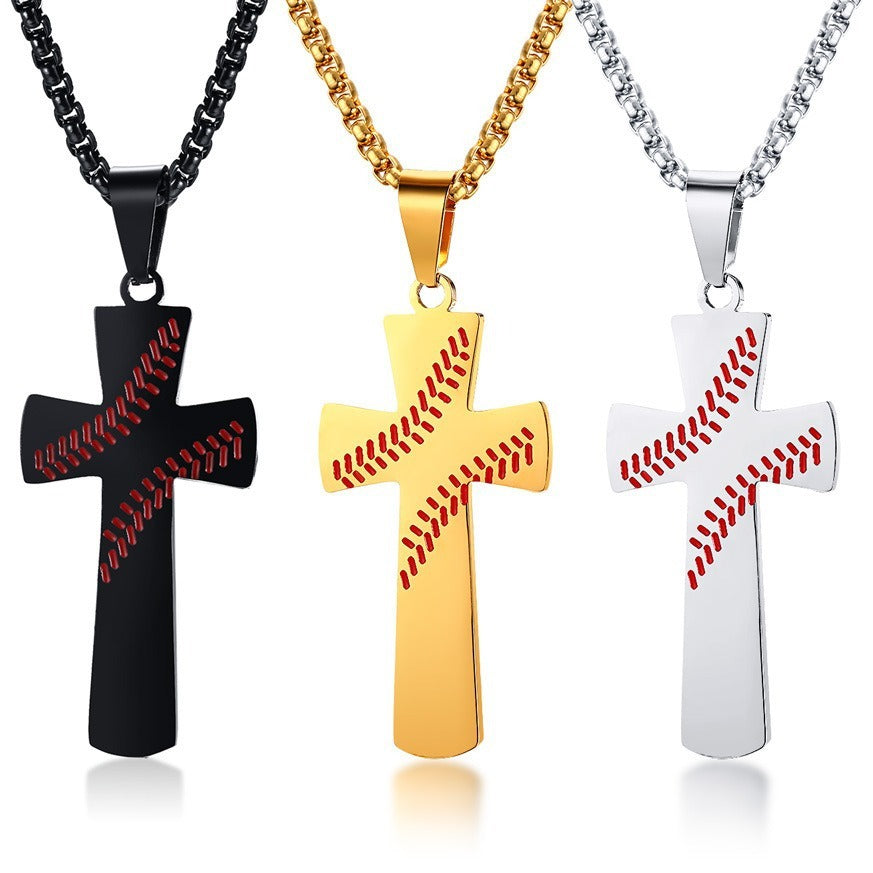 Kemstone Stainless Steel Baseball Cross Pendant Necklace for Men Stitch Detail PN-1083