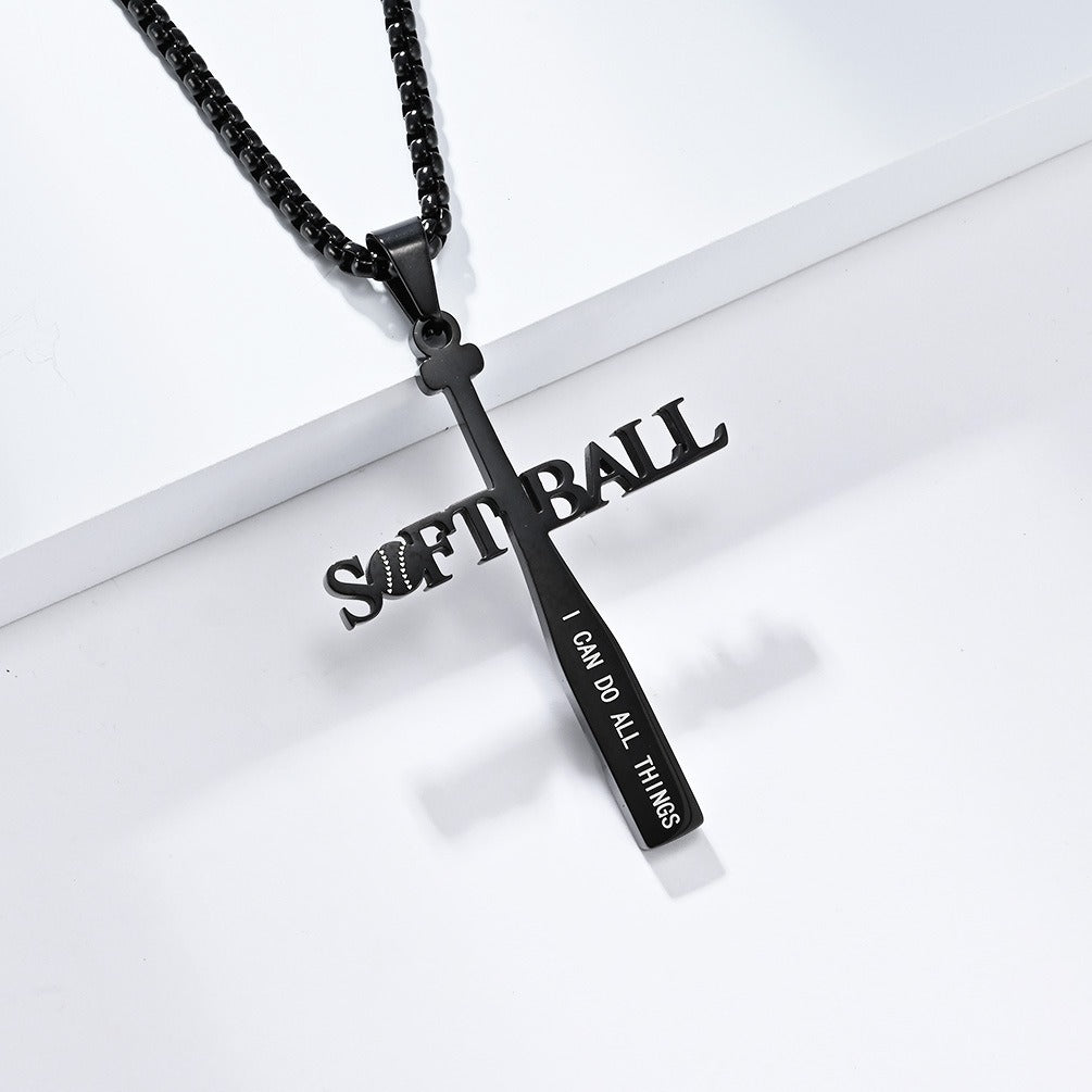 Kemstone Softball Cross Pendant Necklace for Men Stainless Steel Baseball Letter Detail K-PT512