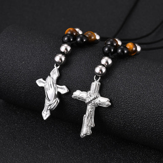 Kemston Beaded Cross Necklace for Men Black Onyx Tiger Eye Stainless Steel Adjustable Rope Pendant NC-2783