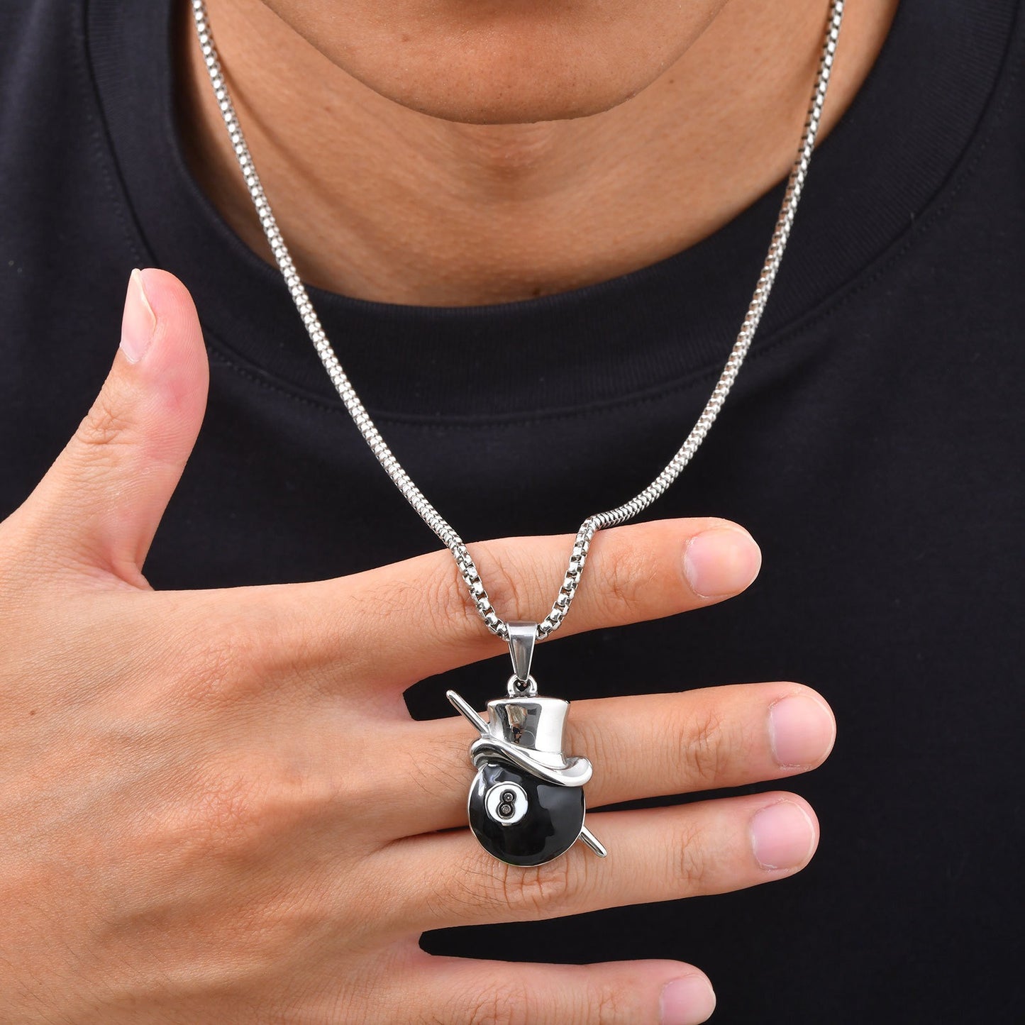 Kemstone 8 Ball Pool Pendant Necklace for Men Stainless Steel Billiard Cue Top Hat PN-2366