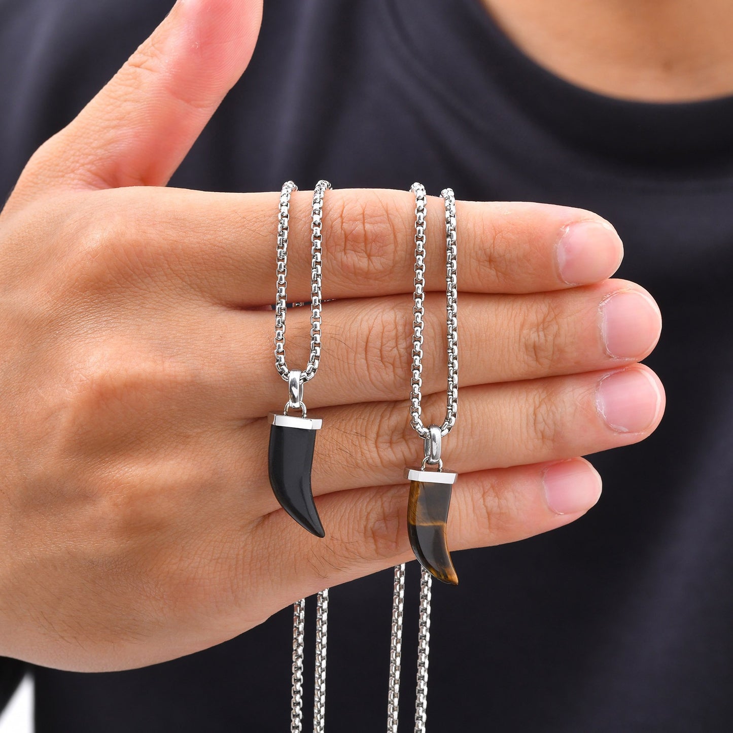 Kemstone Horn Pendant Necklace for Men & Women Stainless Steel Tiger Eye Black Agate PN-2438