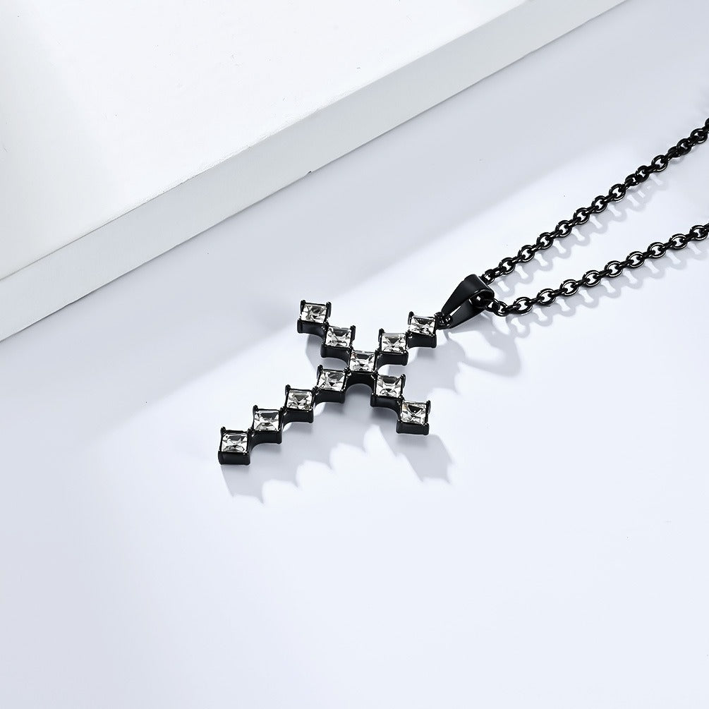 Kemstone Square Cubic Zirconia Cross Pendant Necklace for Men Stainless Steel K-PT502