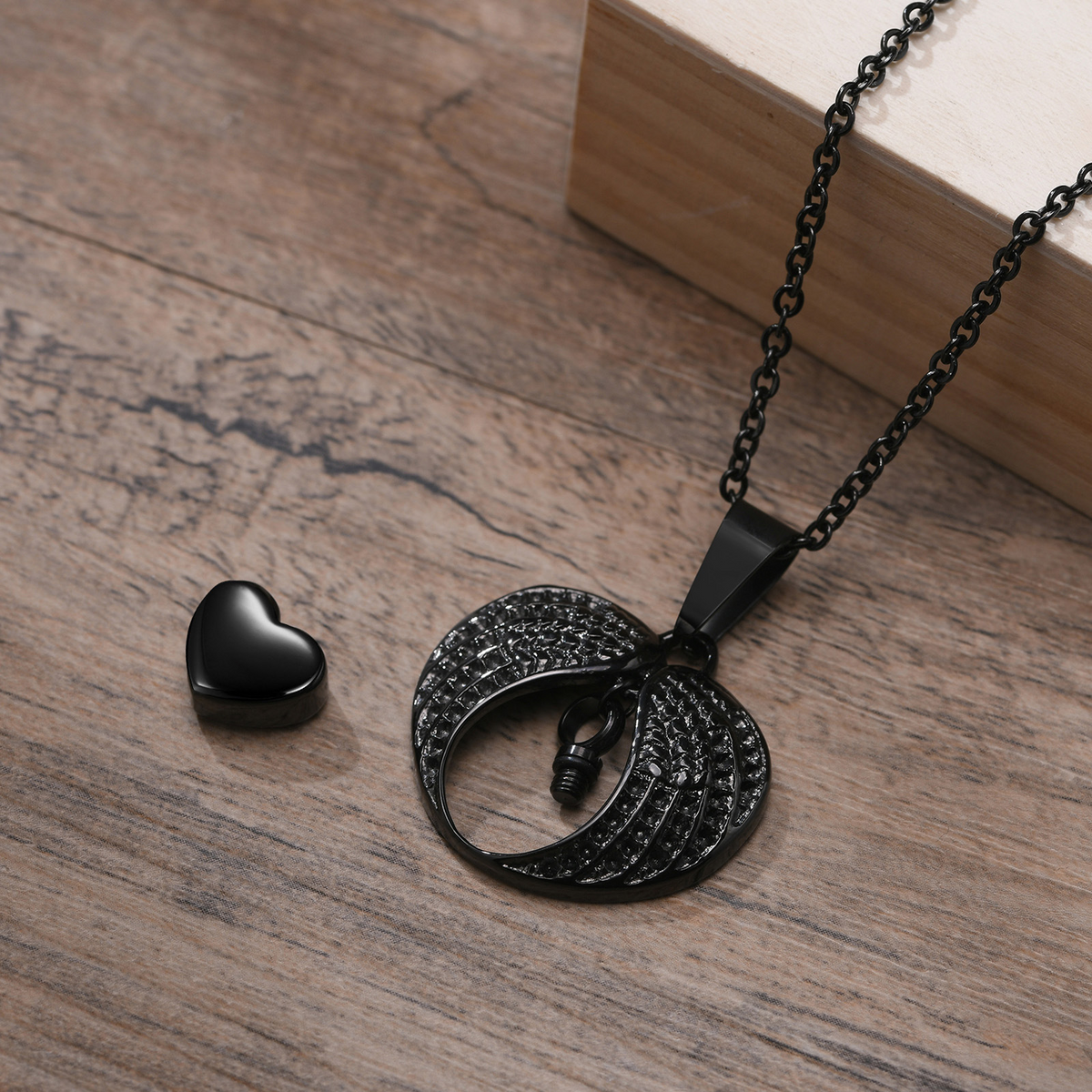 Kemstone Openable Winged Heart Necklace for Men Stainless Steel Black PN-1523