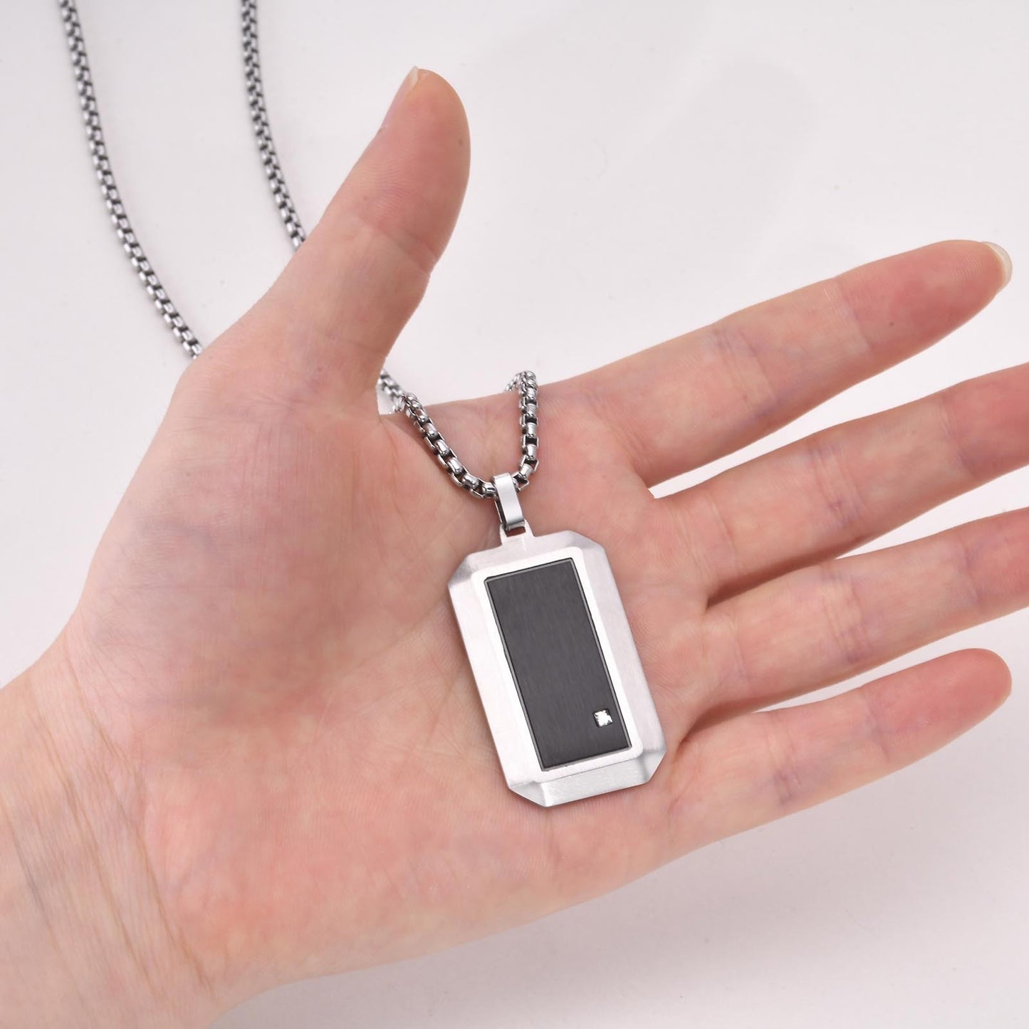 Kemstone Cubic Zirconia Rectangular Pendant Necklace for Men Stainless Steel Black Metal Design PN-1900