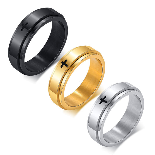 Kemstone Black Laser-Etched Cross Rotating Stainless Steel Ring – Gothic Industrial Men’s Jewelry R589