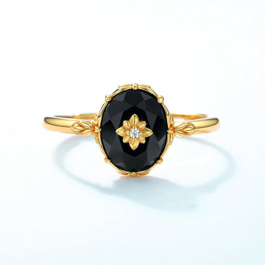 Anillo de ónix negro vintage de diseño original artesanal de Kemstone - Plata S925 ajustable con baño de oro de 10 quilates