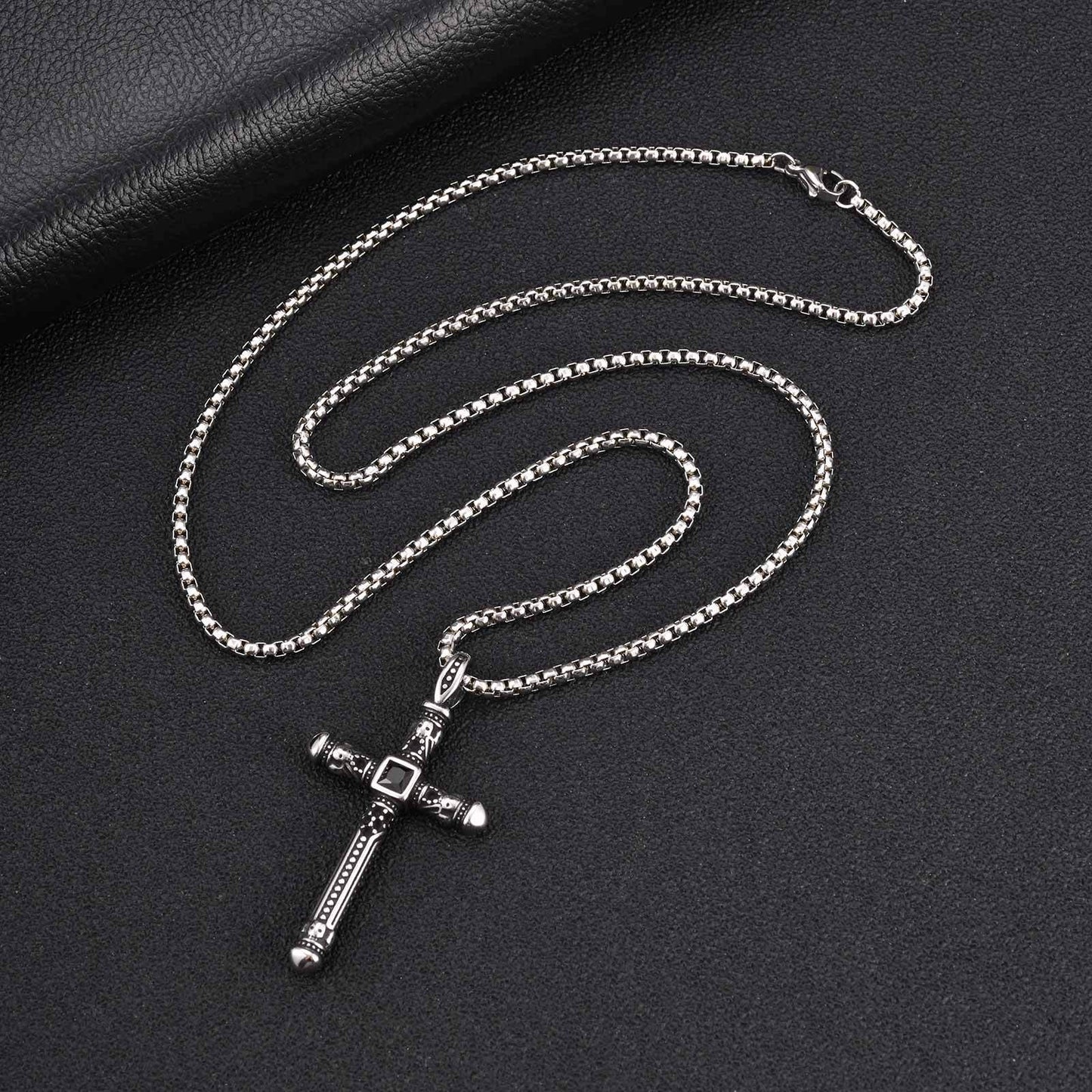 Kemston Cross Necklace for Men Black Cubic Zirconia Vintage Engraved Stainless Steel Pendant PN-2411