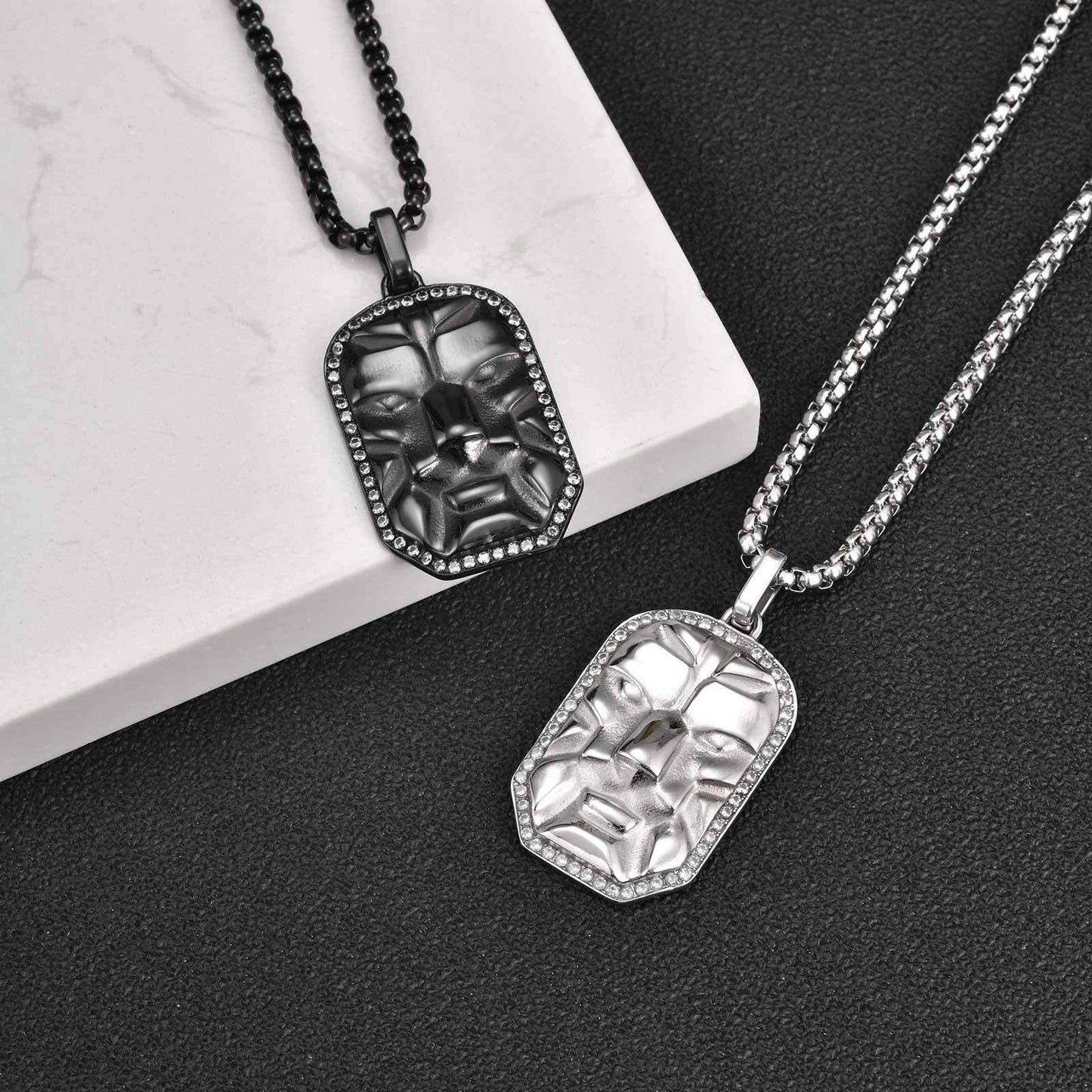 Kemston Face Pendant Necklace for Men Black Cubic Zirconia Leopard Stainless Steel Wild Identity PN-2350