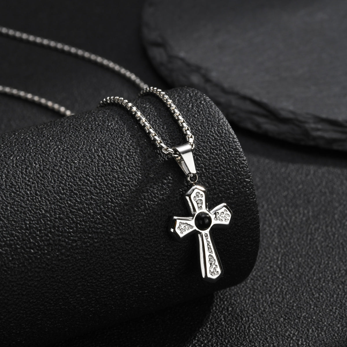 Kemstone Black Agate Cross Pendant Necklace for Men Stainless Steel Punk Style PN-2430