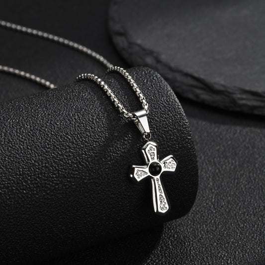 Kemstone Black Agate Cross Pendant Necklace for Men Stainless Steel Punk Style PN-2430