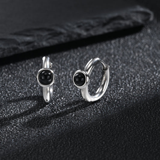 Kemston Black Agate Hoop Earring for Men Stainless Steel Minimalist EH-897