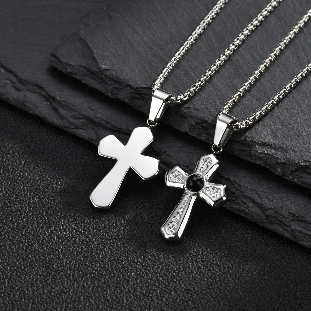 Kemstone Black Agate Cross Pendant Necklace for Men Stainless Steel Punk Style PN-2430