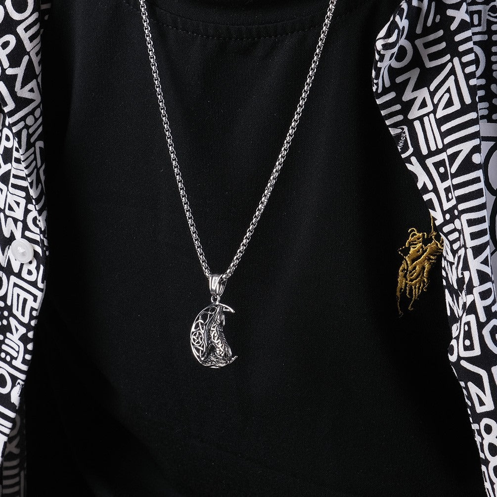 Kemstone Celtic Wolf Stainless Steel Pendant Necklace – Retro Moon Design for Men K-PT420