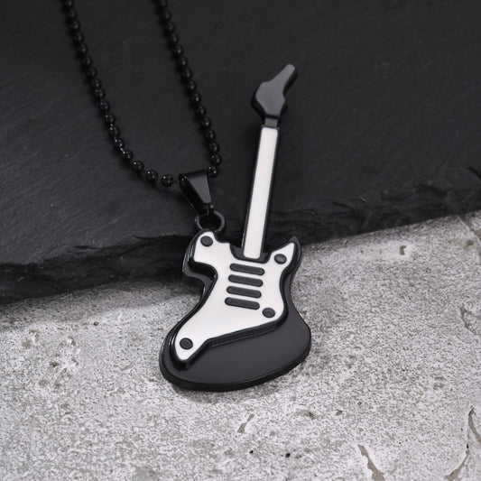 Kemston Black & White Guitar Necklace for Men Alloy Pendant Stainless Steel Chain NC-3027