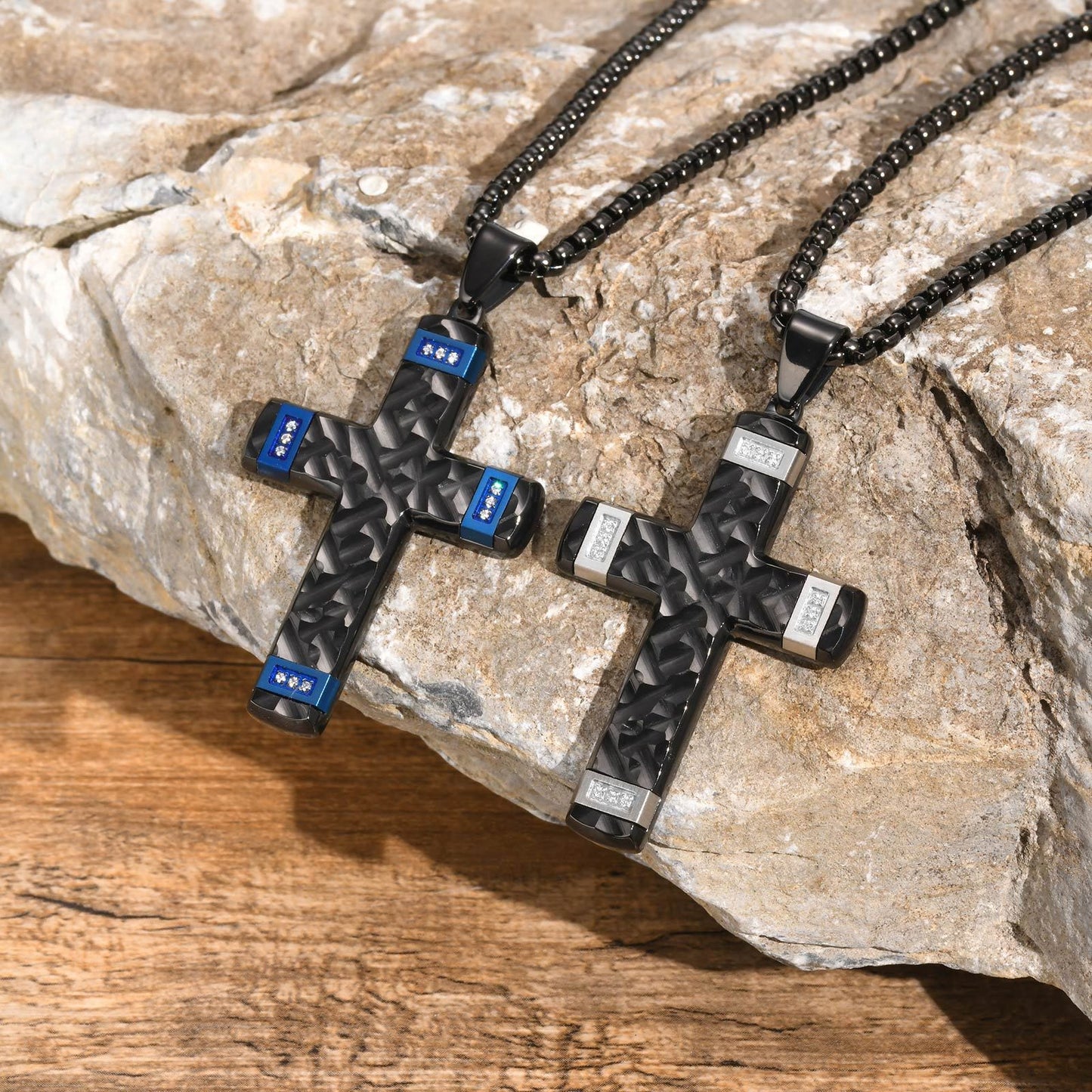 Kemstone Textured Cross Pendant Necklace for Men Stainless Steel Cubic Zirconia Accent PN-2104