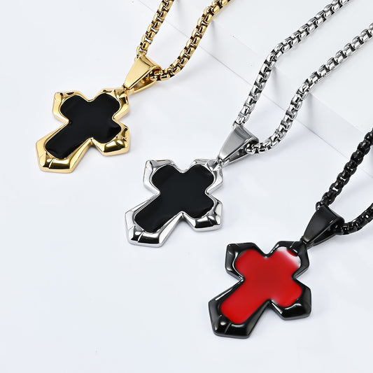 Kemstone Black Enamel Cross Necklace for Men Stainless Steel Faceted Edge K-PT560