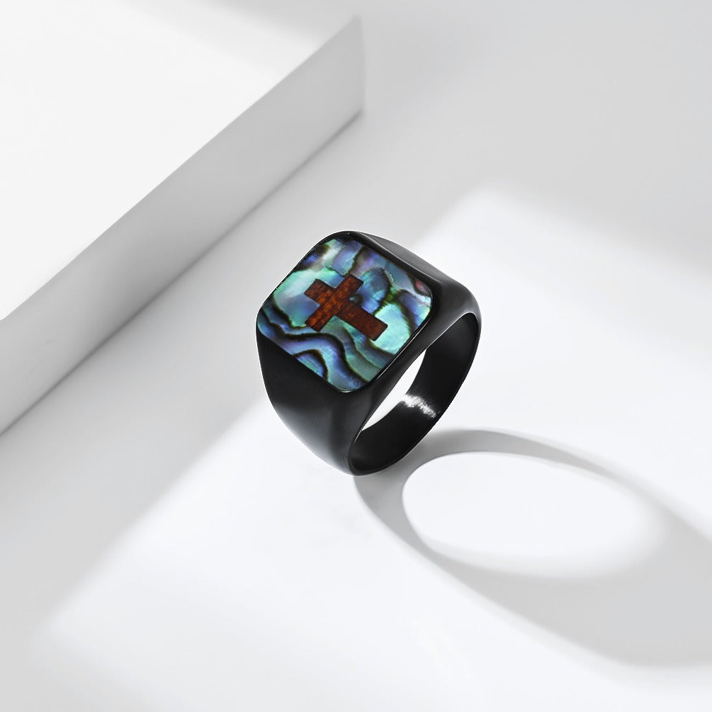 Kemstone Abalone Shell Cross Signet Ring for Men Stainless Steel K-R1239