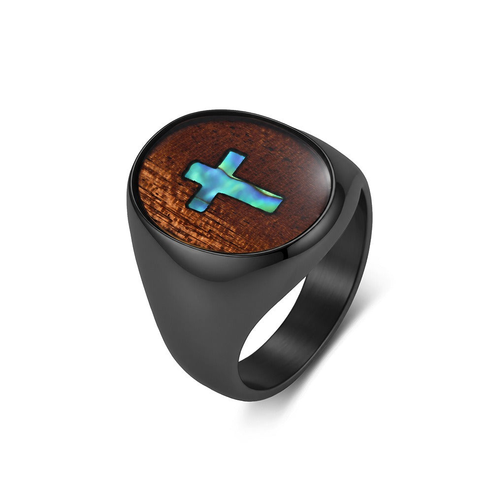 Kemstone Wood Inlay Cross Signet Ring for Men Stainless Steel Vintage K-R12390