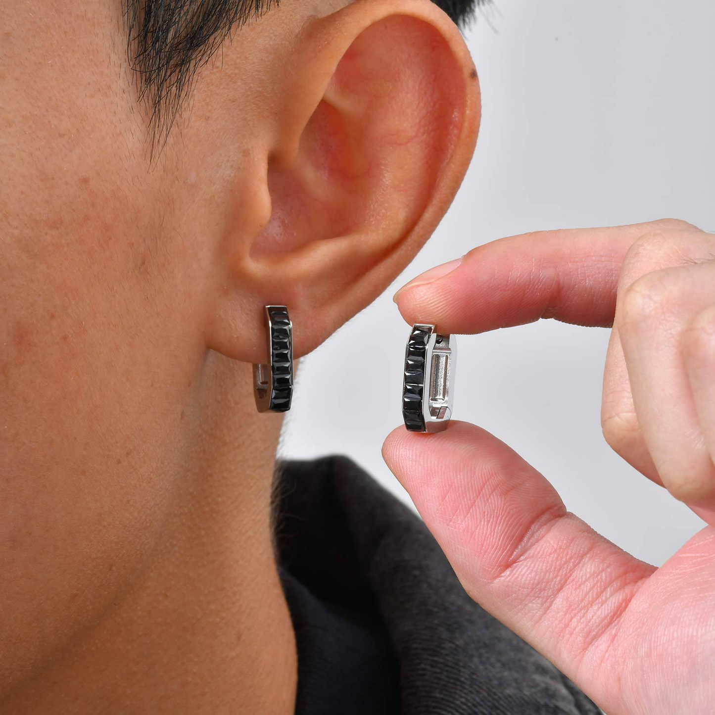 Kemstone Octagon Hoop Earrings for Men Stainless Steel Black Silver EH-802