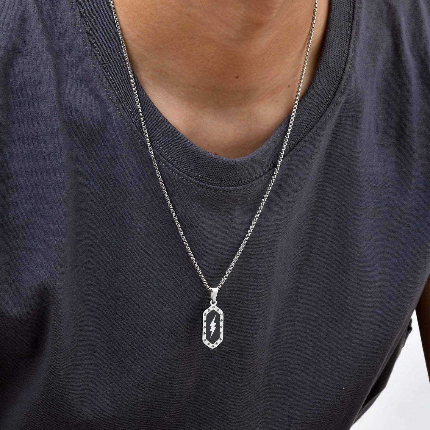 Kemstone Stainless Steel Lightning Bolt Pendant Necklace for Men Black Hexagon Accent PN-2161