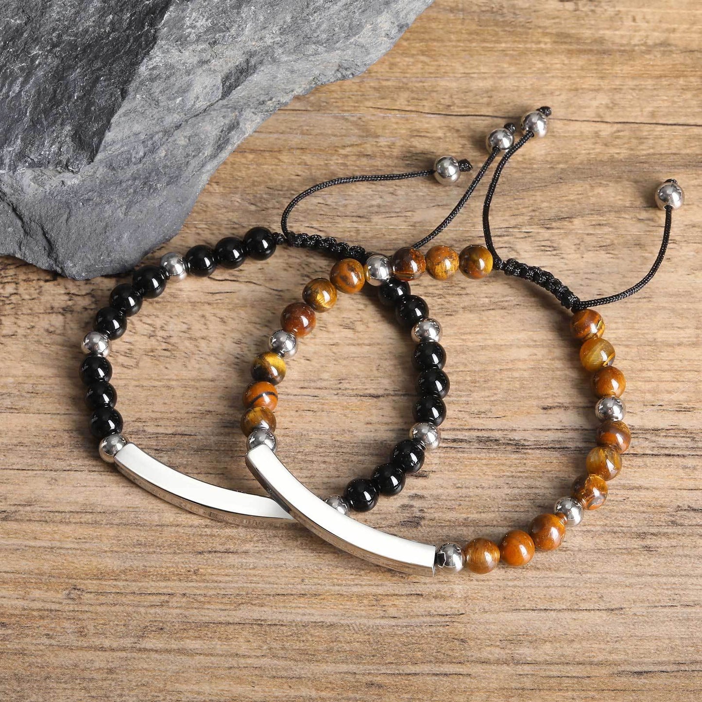 Kemstone Stainless Steel Bar Beaded Bracelet for Men – Tiger Eye & Black Onyx BR-2353