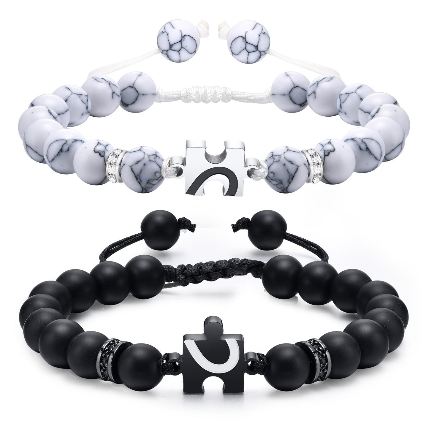 Kemstone Adjustable Half Heart Puzzle Beaded Bracelet Set for Men & Women – Black Onyx & White Howlite CB-175