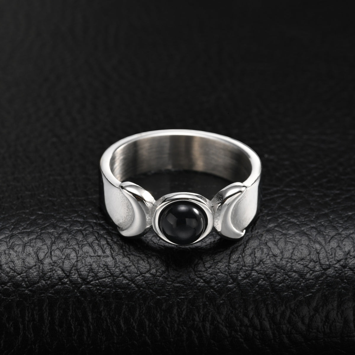 Kemstone Black Onyx Ring for Men Stainless Steel Twin Crescent RC-1171