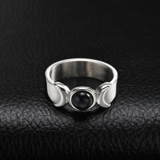 Kemstone Black Onyx Ring for Men Stainless Steel Twin Crescent RC-1171