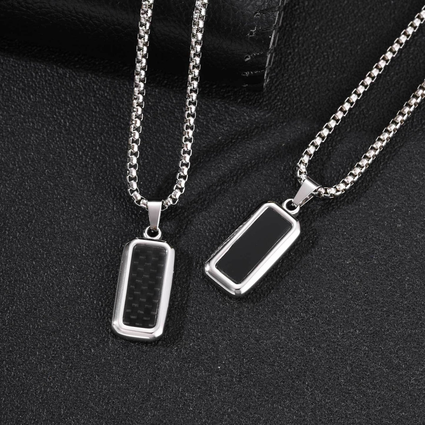 Kemston Carbon Fiber Pendant Necklace for Men Stainless Steel Black Rectangle Design PN-2319