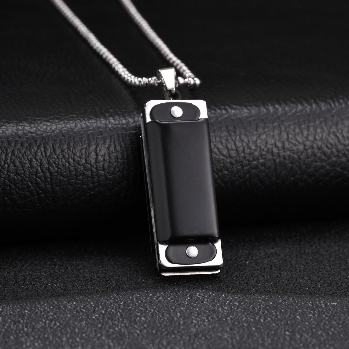 Kemston Black Rectangular Pendant Necklace for Men Alloy Silver Frame Stainless Steel Chain NC-3024