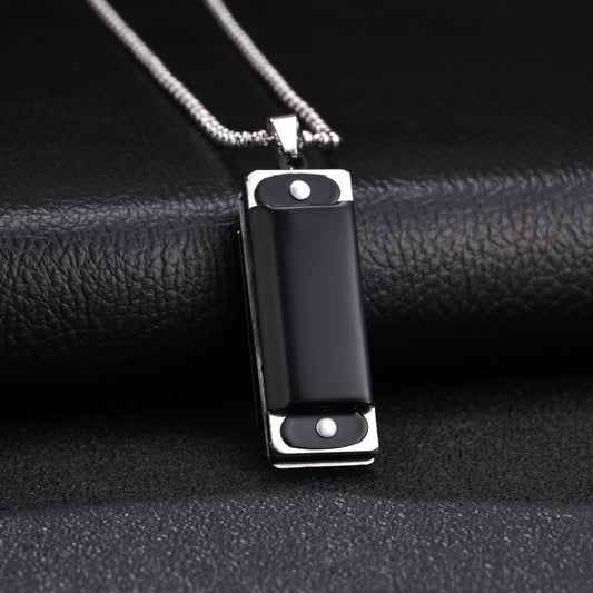 Kemston Black Rectangular Pendant Necklace for Men Alloy Silver Frame Stainless Steel Chain NC-3024