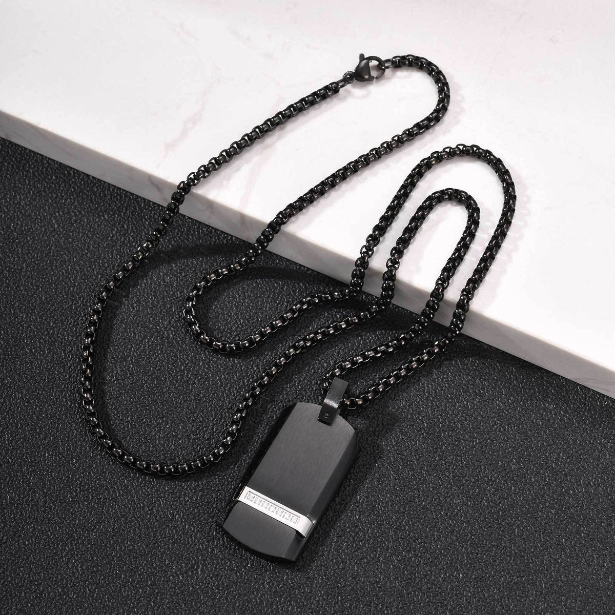 Kemstone Black Rectangular Pendant Necklace for Men Stainless Steel Cubic Zirconia Detail Punk Style PN-240